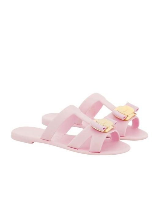 Ferragamo Pink New Vara Plate Slides