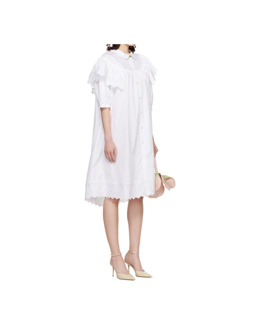 Simone Rocha White Ruffle-Trimmed Puff-Sleeve Shirt Midi Dress