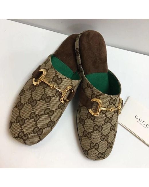 Gucci Brown Monogram Pattern Horsebit Mules
