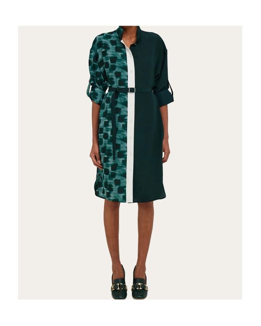 Ferragamo Green Shirt Dress With Contrasting Prints
