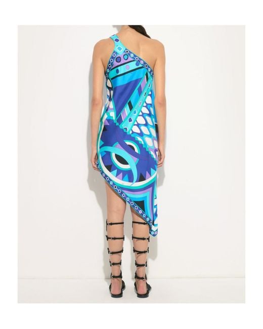 Emilio Pucci Blue Vivara-Printed One-Shoulder Asymmetric Dress