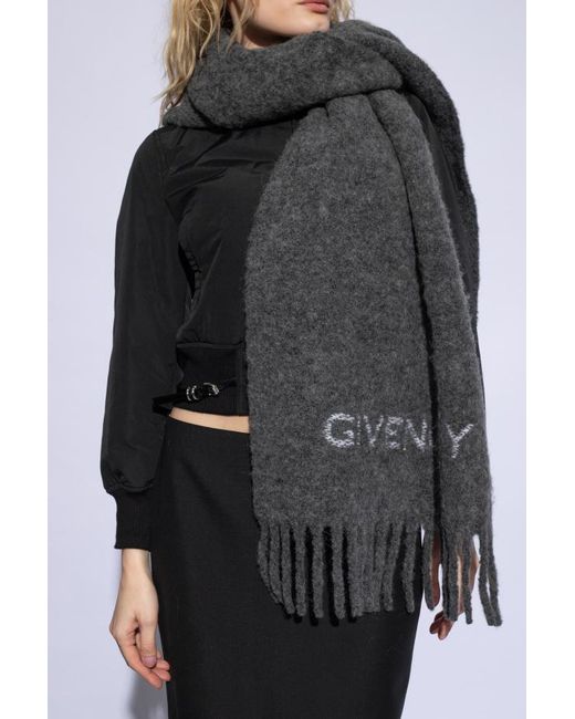 Givenchy Gray Logo Knit Intarsia-Knitfringed Scarf
