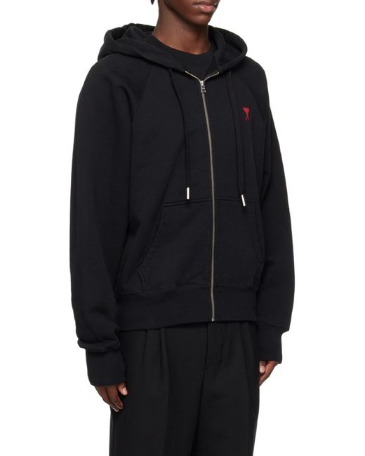 AMI Black Ami De Coeur Logo Embroidered Zip-Up Hoodie for men