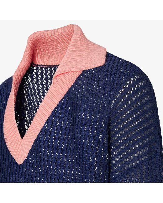 Fendi Blue Contrast V-Neck Ribbed-Knit Polo Top for men