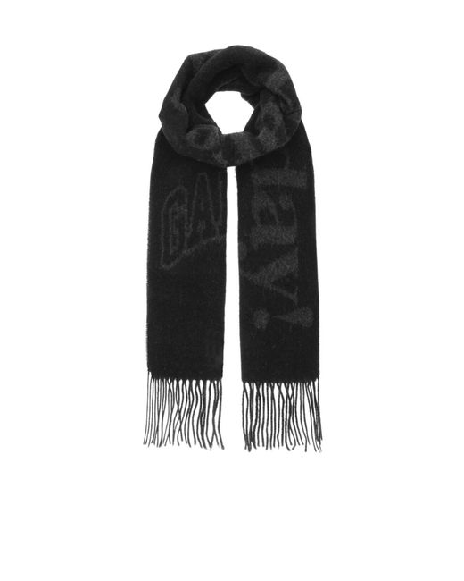Ganni Black Slogan Motif Knit Fringed Scarf