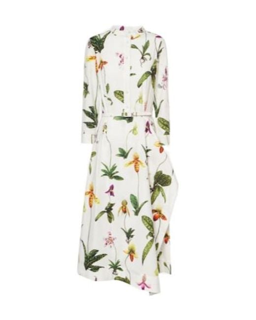Oscar de la Renta White Floral Pleated Cotton-Blend Poplin Midi Dress