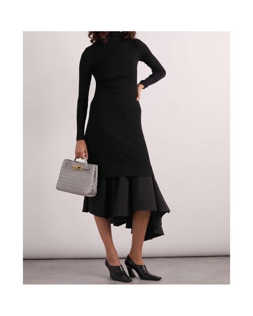 Bottega Veneta Black Asymmetric Satin-Trimmed Ribbed-Knit Turtleneck Midi Dress