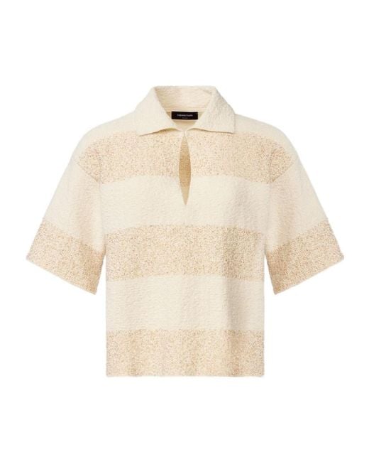 Fabiana Filippi Natural Sequin-Embellished Striped Knitted Polo Top