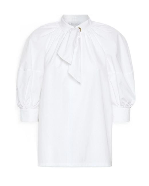 Max Mara White Bow-Detail Puff-Sleeve Blouse
