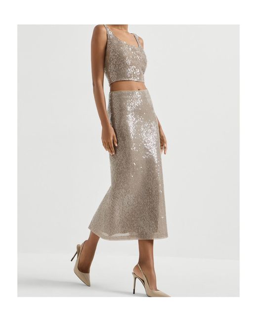Brunello Cucinelli Multicolor Sequinned Silk Midi Skirt