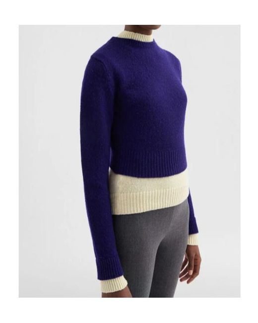 Jil Sander Blue Double Layer Mock Neck Knitted Sweater