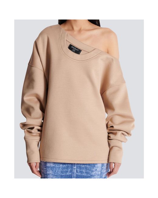 Balmain Natural Asymmetrical Jersey Off-The-Shoulder Sweatshirt