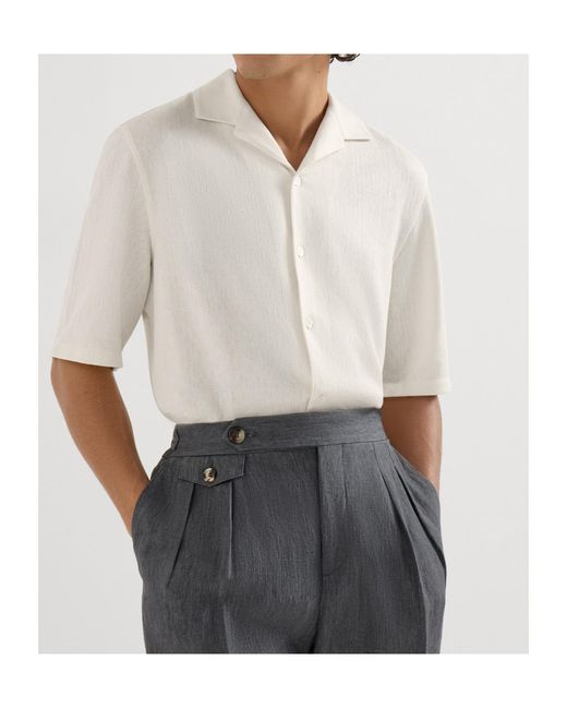 Brunello Cucinelli White Linen And Cotton Chevron Jersey Short Sleeve Shirt With Camp Collar for men