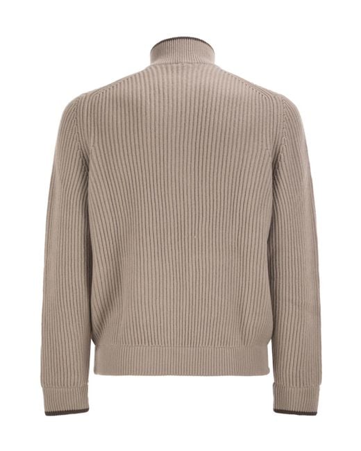 Fedeli Brown Ribbed Stand Collar Zip Cardigan for men