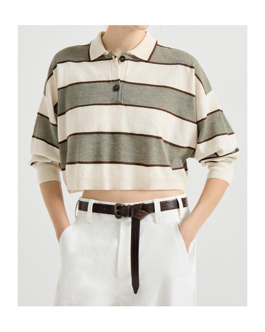 Brunello Cucinelli White Sparkling Striped Cropped Knit Polo Shirt