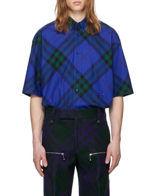 Burberry Blue Checkered Short-Sleeved Shirt for men