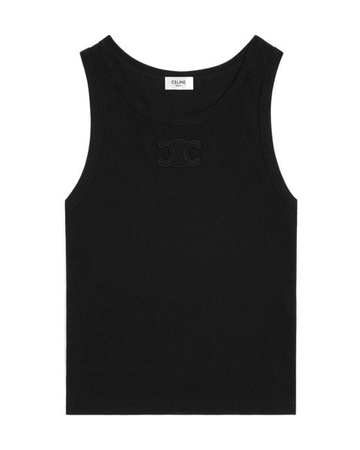 Celine Triomphe Ribbed Cotton Tank Top in Black | Lyst