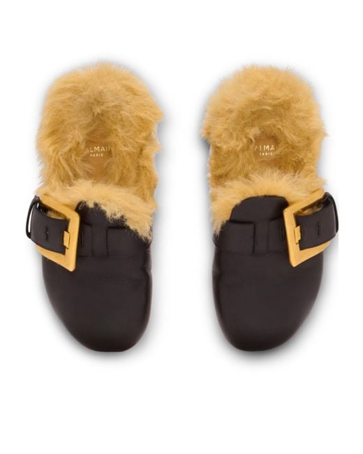 Balmain Brown Leather Faux Fur-Lined Mules for men