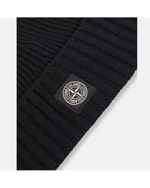 Stone Island Black Junior Logo Patch Ribbed Beanie