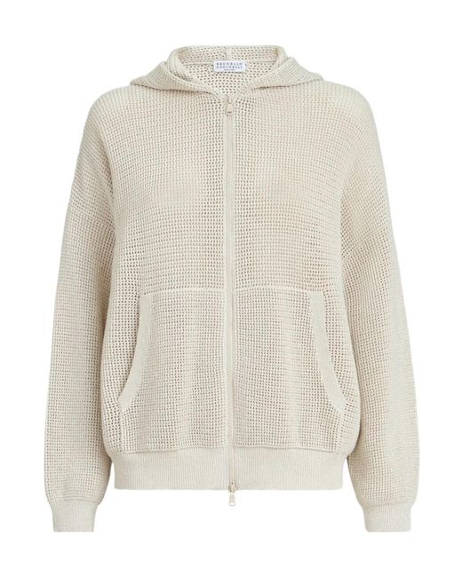 Brunello Cucinelli White Zip-Up Knitted Hoodie