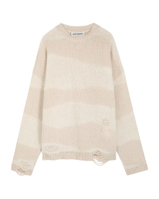 Our Legacy Natural Popover Roundneck Striped Distressed Cotton-Blend Jumper for men