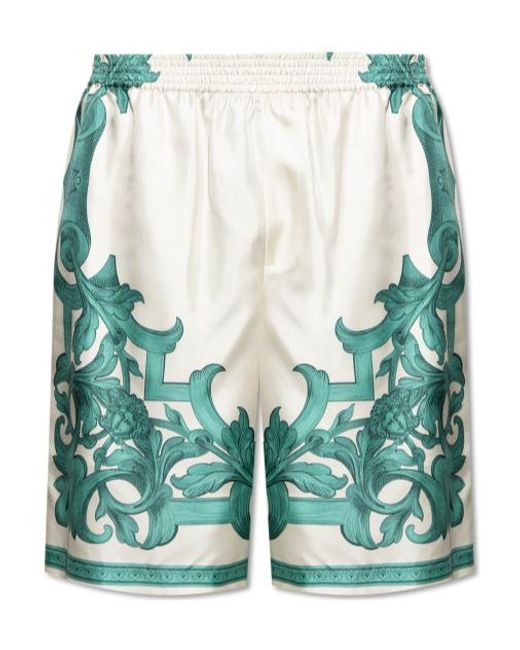 Versace Green Baroque Print Silk Shorts for men