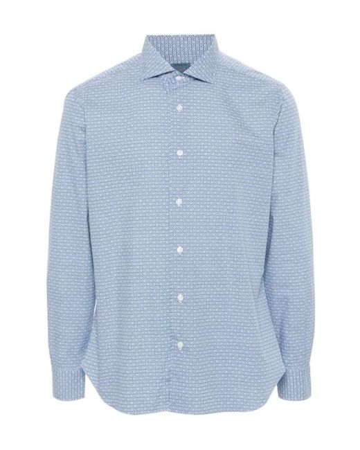 Barba Napoli Blue Floral-Print Cotton Shirt for men