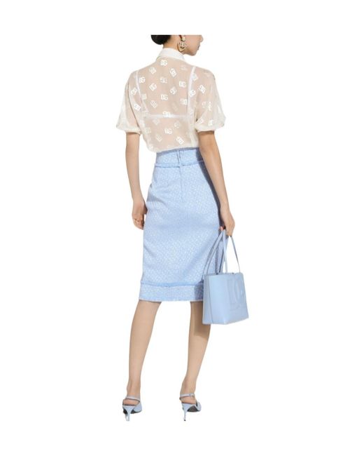 Dolce & Gabbana Blue Calf-Length Raschel Tweed Pencil Skirt With Dg Logo