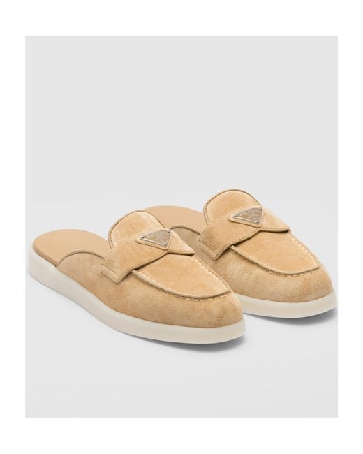Prada White Triangle-Logo Round-Toe Slippers