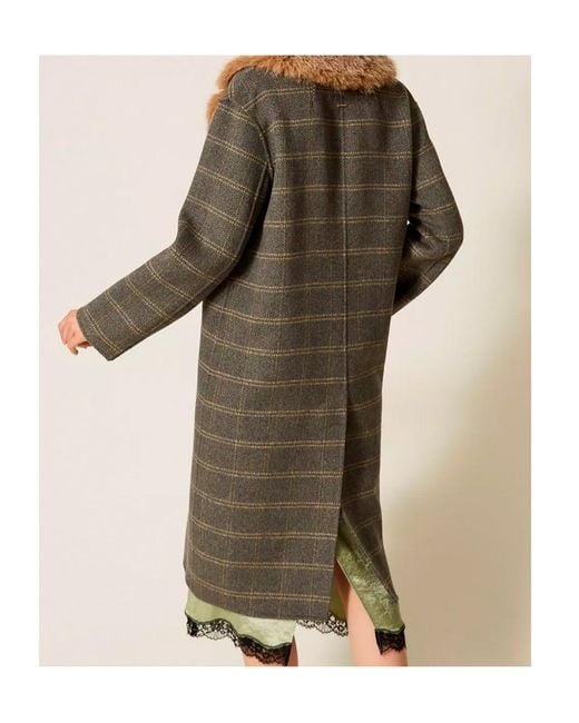 Twinset Multicolor Double-Breasted Plaid Wool Coat