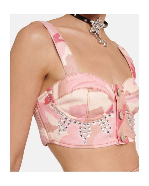 Alessandra Rich Pink Camouflage-Patterned Cotton Bra Top