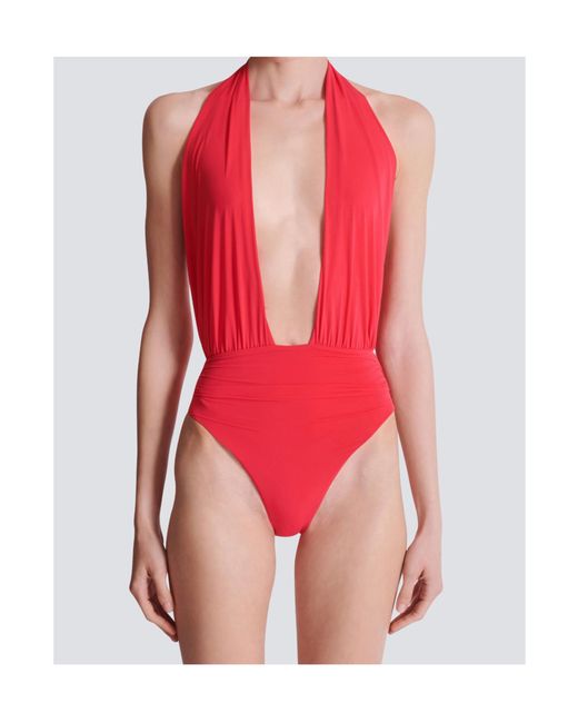 Balmain Red Plunge Halterneck Swimsuit