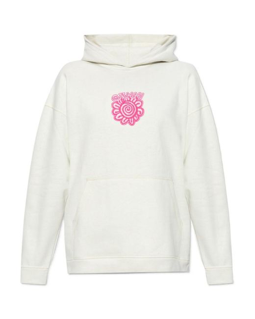 Ganni White Logo-Appliqué Long-Sleeved Hoodie