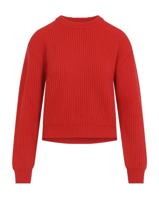 Jil Sander Red Ribbed Crew-Neck Knitted Sweater