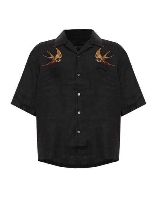 AllSaints Black Avia Embroidered Short-Sleeve Shirt for men