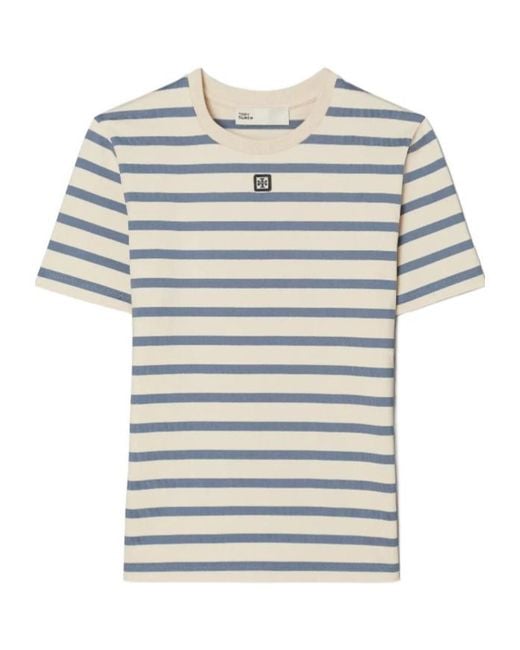 Tory Burch Gray Striped Embroidered T-Shirt