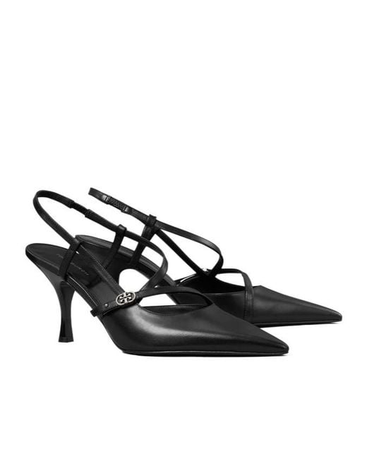 Tory Burch Black Double T Logo-Plaque Strappy Pumps