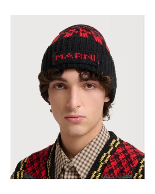Marni Red Wool Beanie With Geometric Motif for men