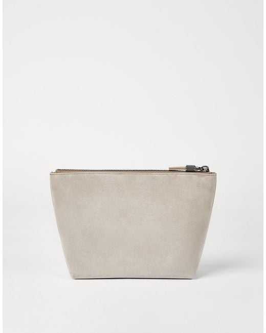 Brunello Cucinelli White Suede Pouch With Shiny Zipper Pull
