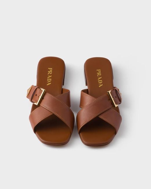 Prada Brown Logo Plaque Buckled Sandals