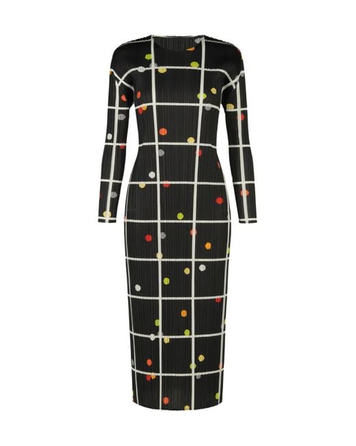 Pleats Please Issey Miyake Black Pleats Please Issey Miyake Round Neck Pleated Grid Print Dress