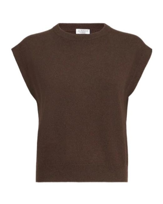 Brunello Cucinelli Brown Cashmere Knit T-Shirt With Monili
