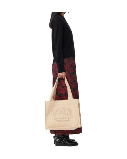Ganni Natural Logo Embroidered Open Top Tote Bag