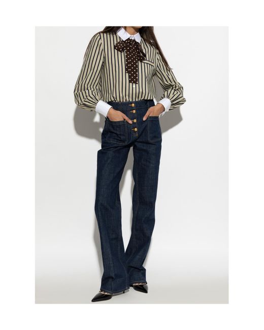 Valentino White Pussy-Bow Striped Shirt