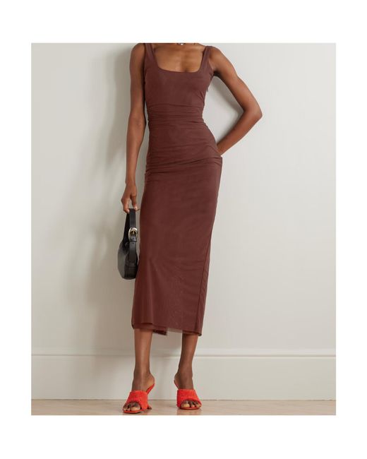 Sir Purple Jacques Open-Back Gathered Stretch-Mesh Midi Dress