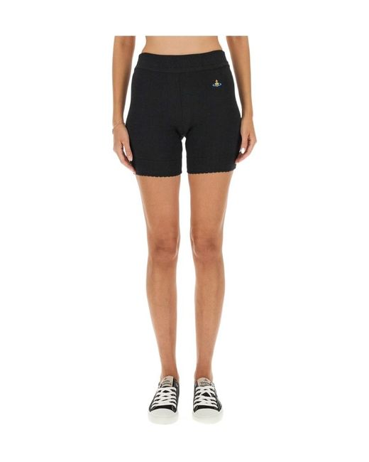Vivienne Westwood Black Embroidered-Logo Ribbed-Knit Shorts