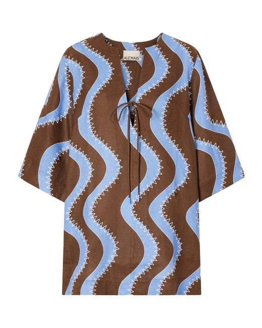 ALÉMAIS Blue Frankie Wave-Print Tie-Neck Mini Dress