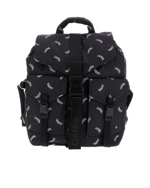 Ganni Black Logo-Print Buckle Backpack