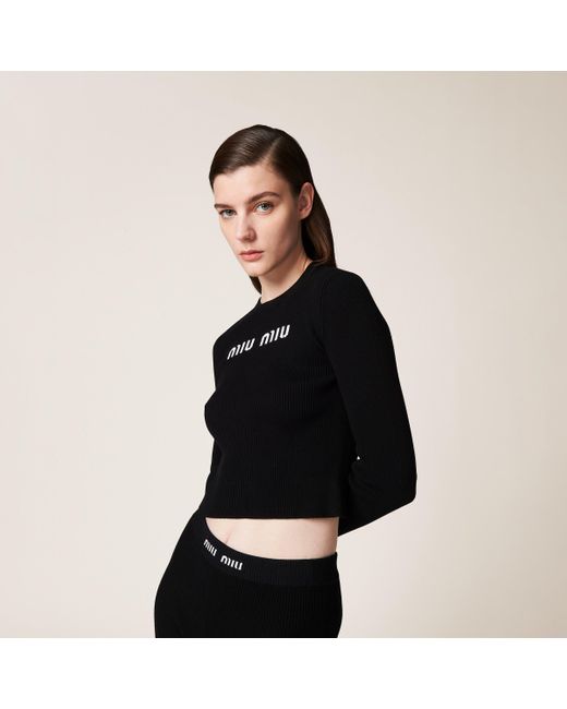 Miu Miu Black High Waist Logo Band Ribbed Leggings