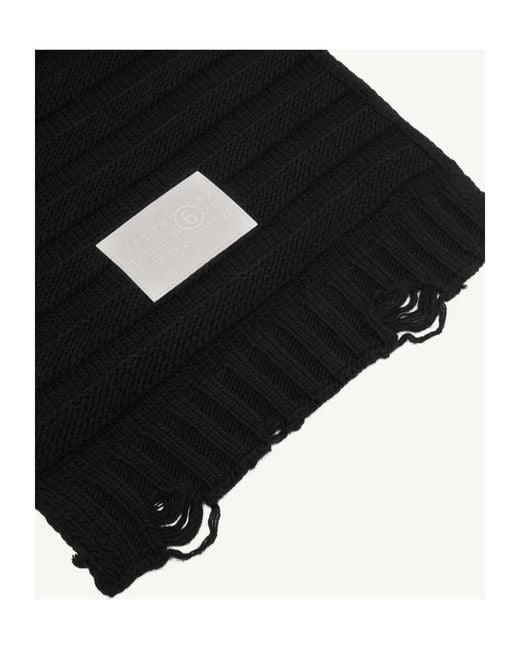 MM6 by Maison Margiela Black Logo Patch Distressed Knitted Scarf